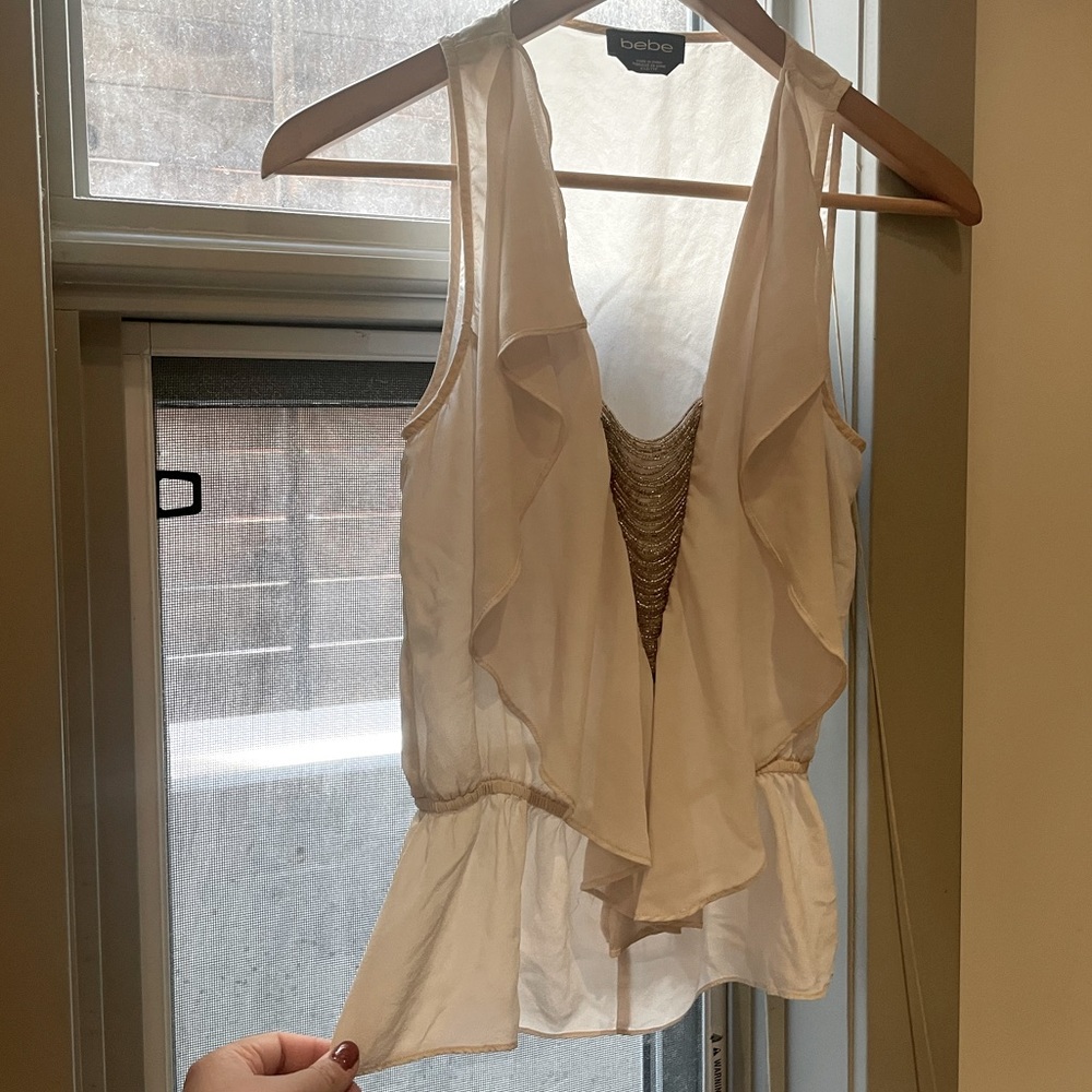 100% Silk Cream Frill & Bead Draped Short-Sleeve Blouse | bebe | Size XXS